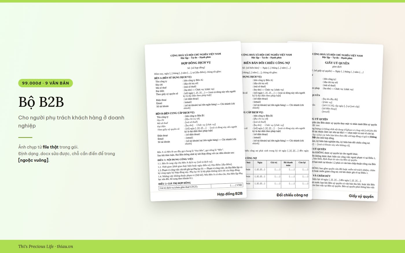 Ba trang trong bộ B2B: Hợp đồng dịch vụ B2B, Biên bản đối chiếu công nợ và Giấy uỷ quyền giao dịch.