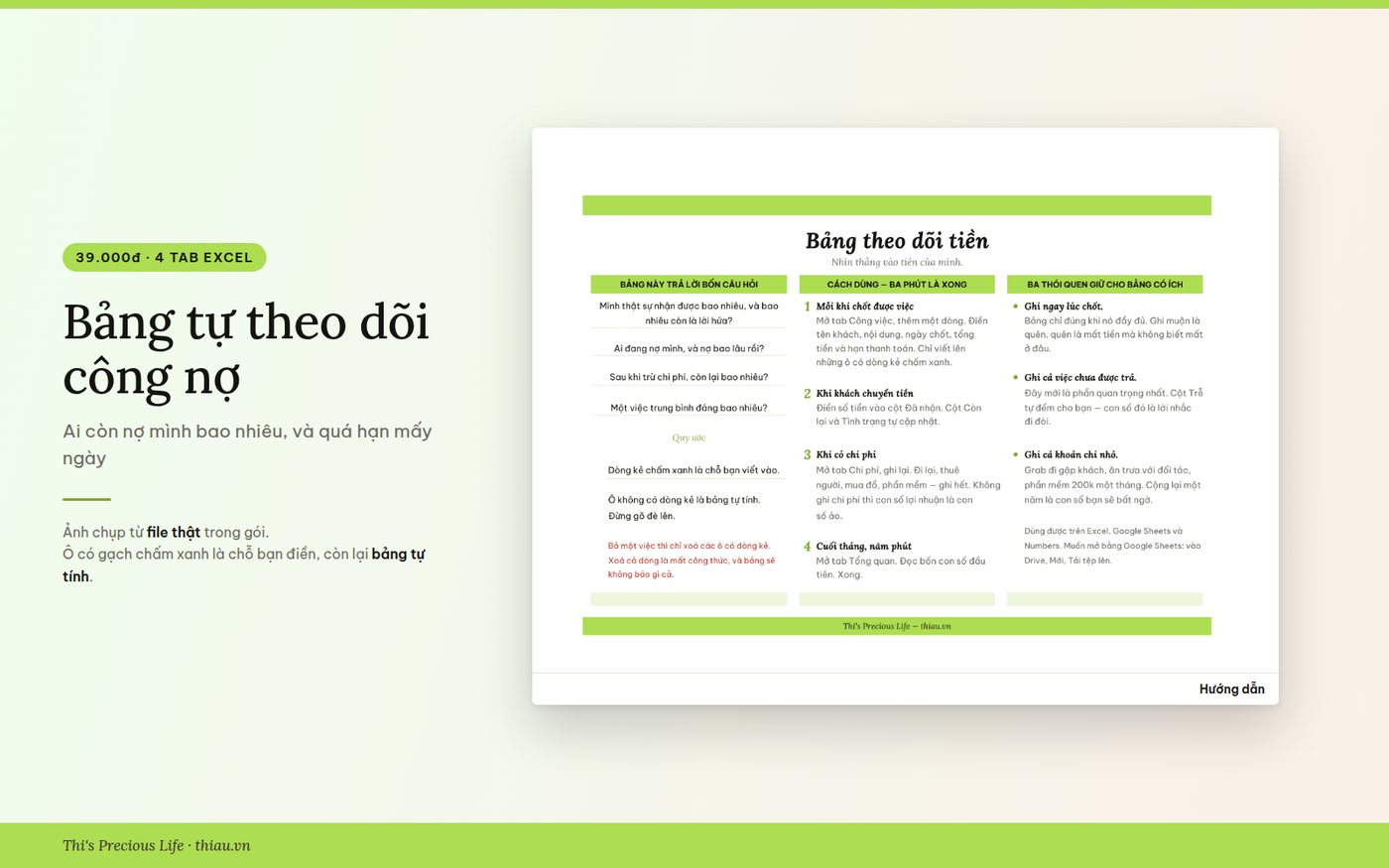 Tab Hướng dẫn của bảng tự theo dõi công nợ — bốn câu bảng trả lời, cách dùng, và ba thói quen.